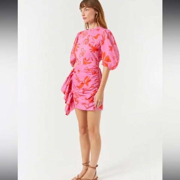 NWT RHODE Pia Pink Botanical Floral Abstract Mini Dress Ruffles Puff Sleeve 12 - Picture 13 of 15